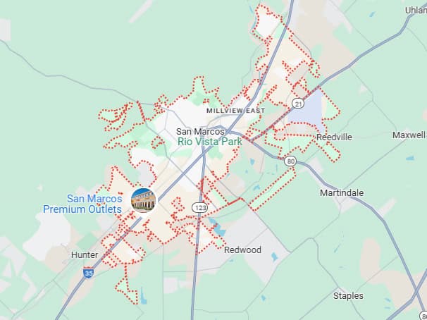 Map of San Marcos, Texas area.