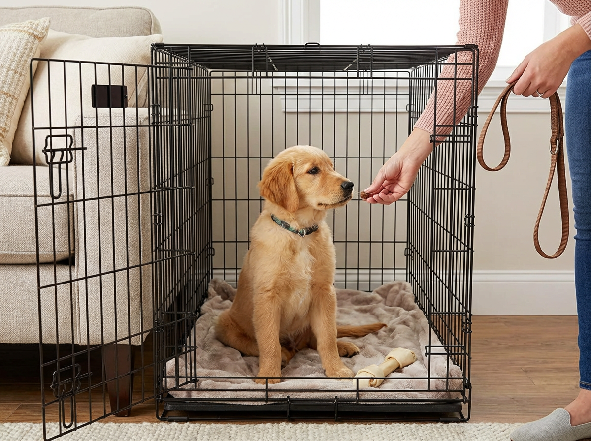 Golden retriever puppy in a crate