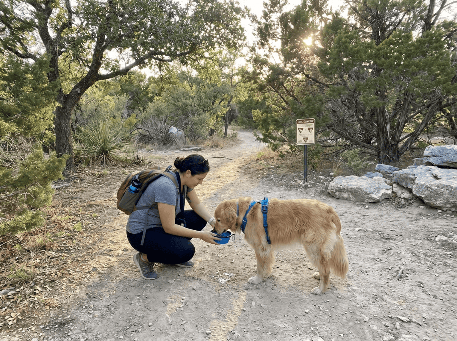 Woman and dog on a hiking trail