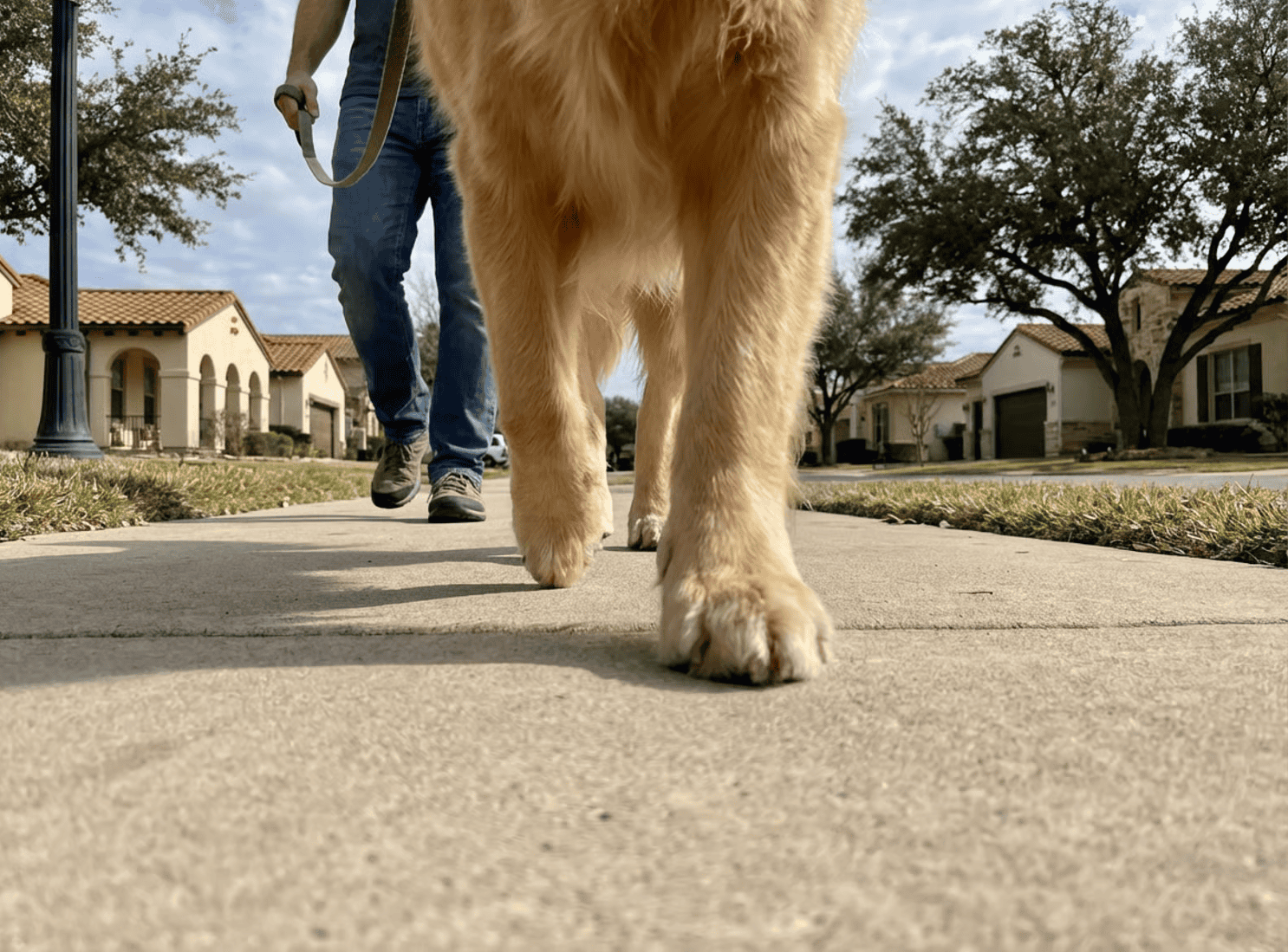 Dog walking with dog walker on sunny day