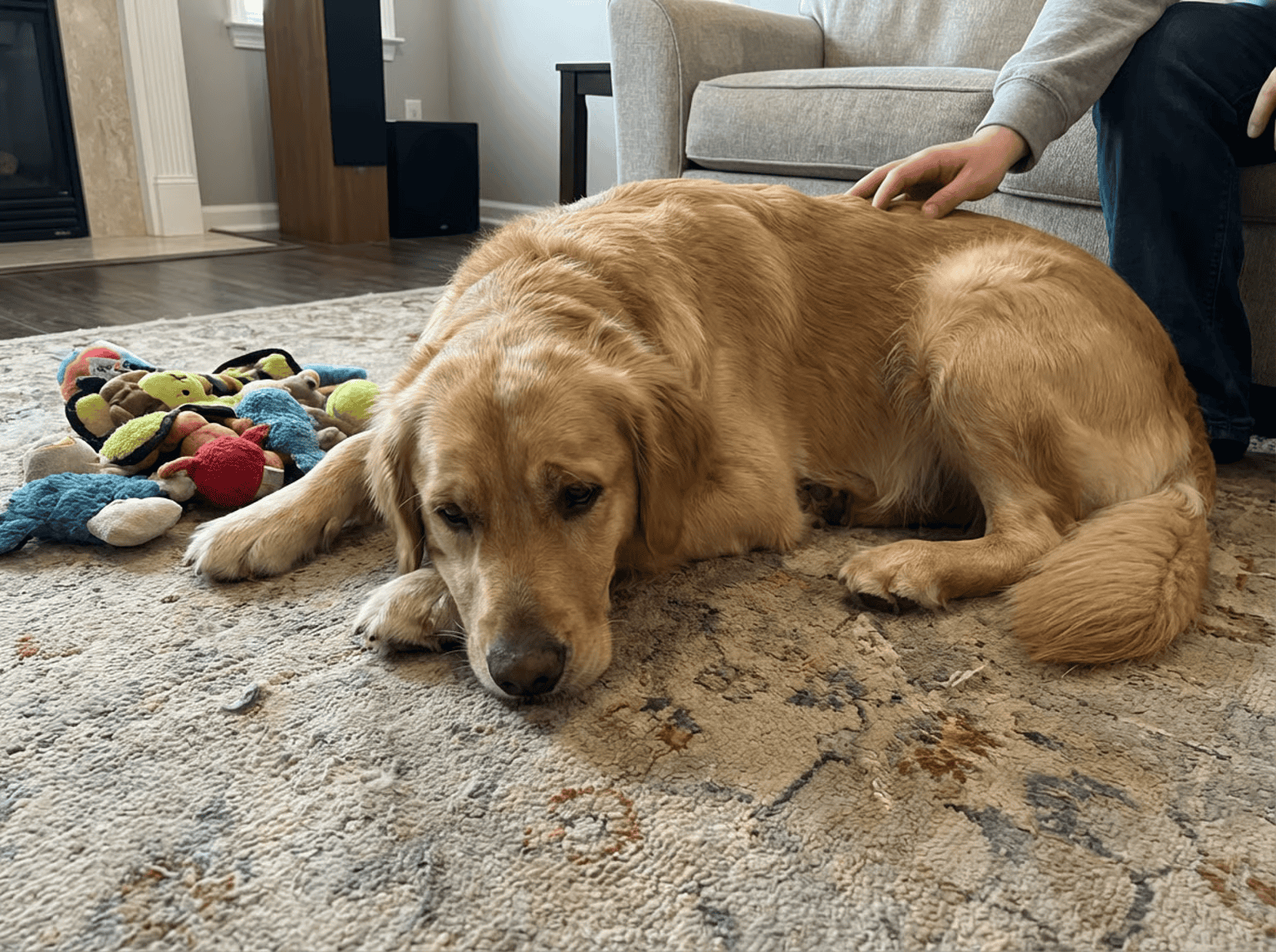 Golden retriever lying on rug with toys