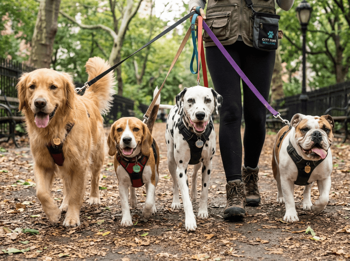 Dog walker walking four dogs in park