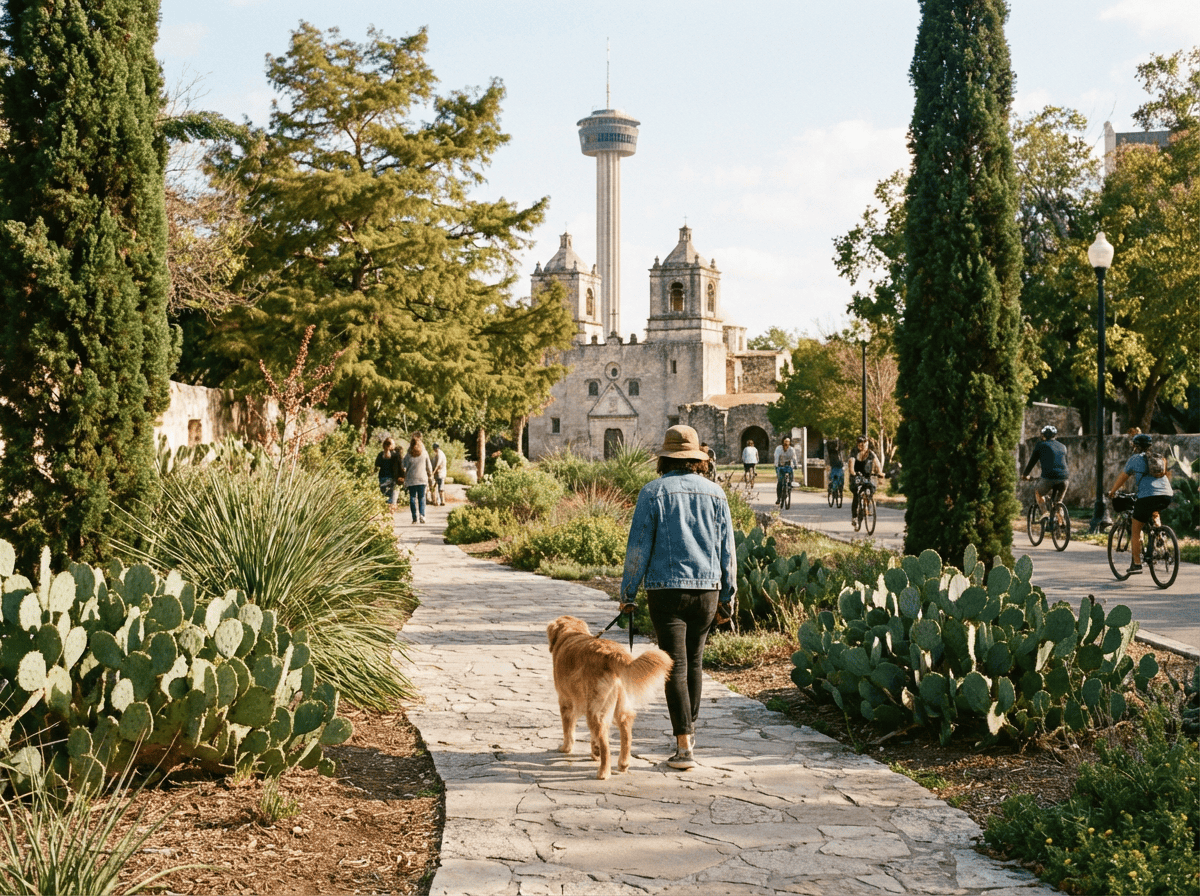 Person walking dog on park path