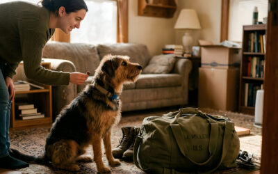 Woman with dog beside military duffel bag